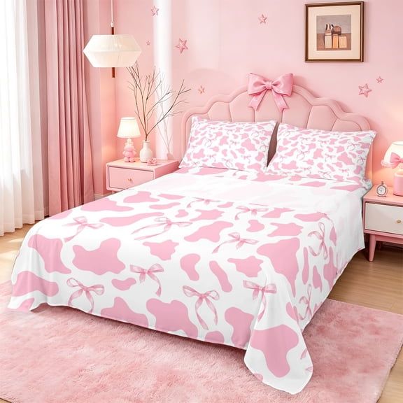 meiyoeat Pink Cow Print Bed Sheets,Girly Bow Full Size Sheets For Girl,4-Piece,1 Flat Sheet,1 Fitted Sheet and 2 Pillowcases