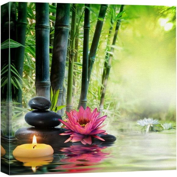 wall26 Impression sur Toile Art Mural Nénuphar Zen Pierres Bougie & Forêt de Bambous Art Floral Nature Art Numérique Moderne Rustique Paysage Relax/calme Coloré pour Salon Chambre Bureau - 16 Pouces"x16 Pouces"