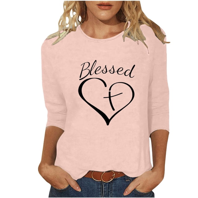 Penkiiy Hauts à Manches 3/4 Imprimés Cœur Col Rond Tunique de la Saint-Valentin Blouse S Rose