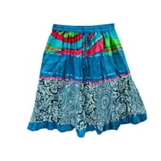 Mogul Womens A-Line Skirt Cotton Blue Printed Patchwork Skirt