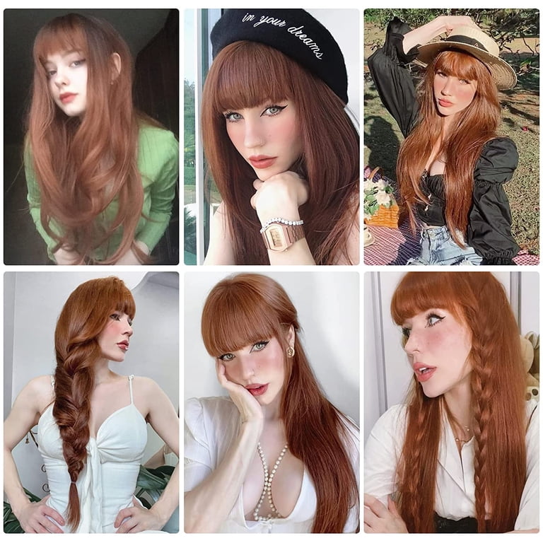 DOPI Long Auburn Wig with Bangs Layered Curly Orange Wigs  display picture 1