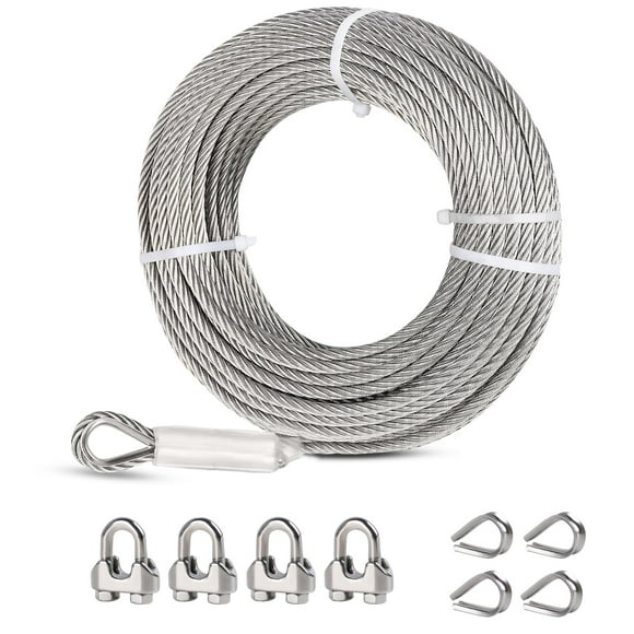 hannger Stainless Steel Cable 1/4 inch, 50ft 7 x 19 Strands, 304 Stainless Steel Wire Rope, 6400lbs Breaking Strength, Steel Cable with Loops for Dec