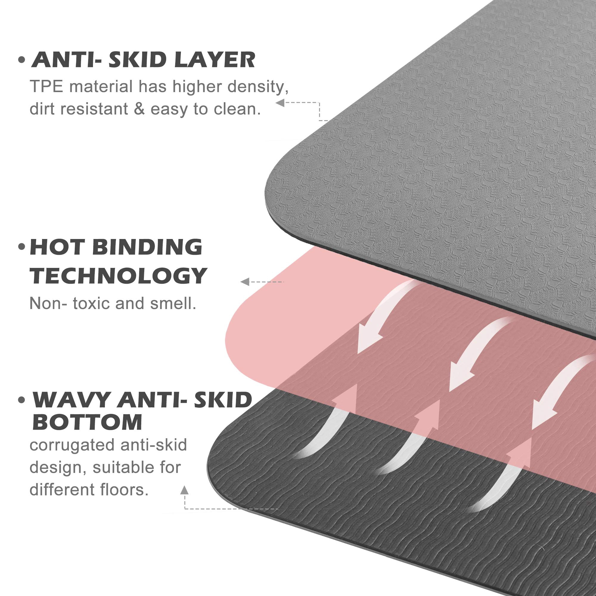 Yoga Mat 72"x24" Jet Black & Glacier Gray Non-Slip Exercise Mat for Home Workout