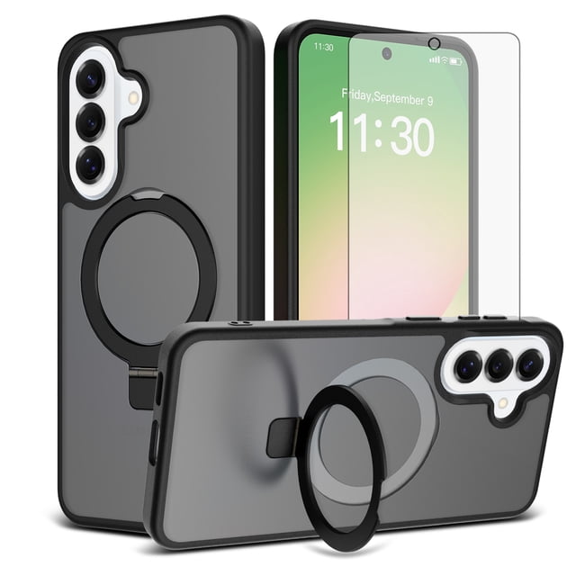 Asuwish Phone Case for Samsung Galaxy A57 5G Tempered Glass Screen Protector Magnetic Folding Stand Frosted Translucent Rugged Shockproof Protective Cell Cover A 57 57A LTE Women Men Black