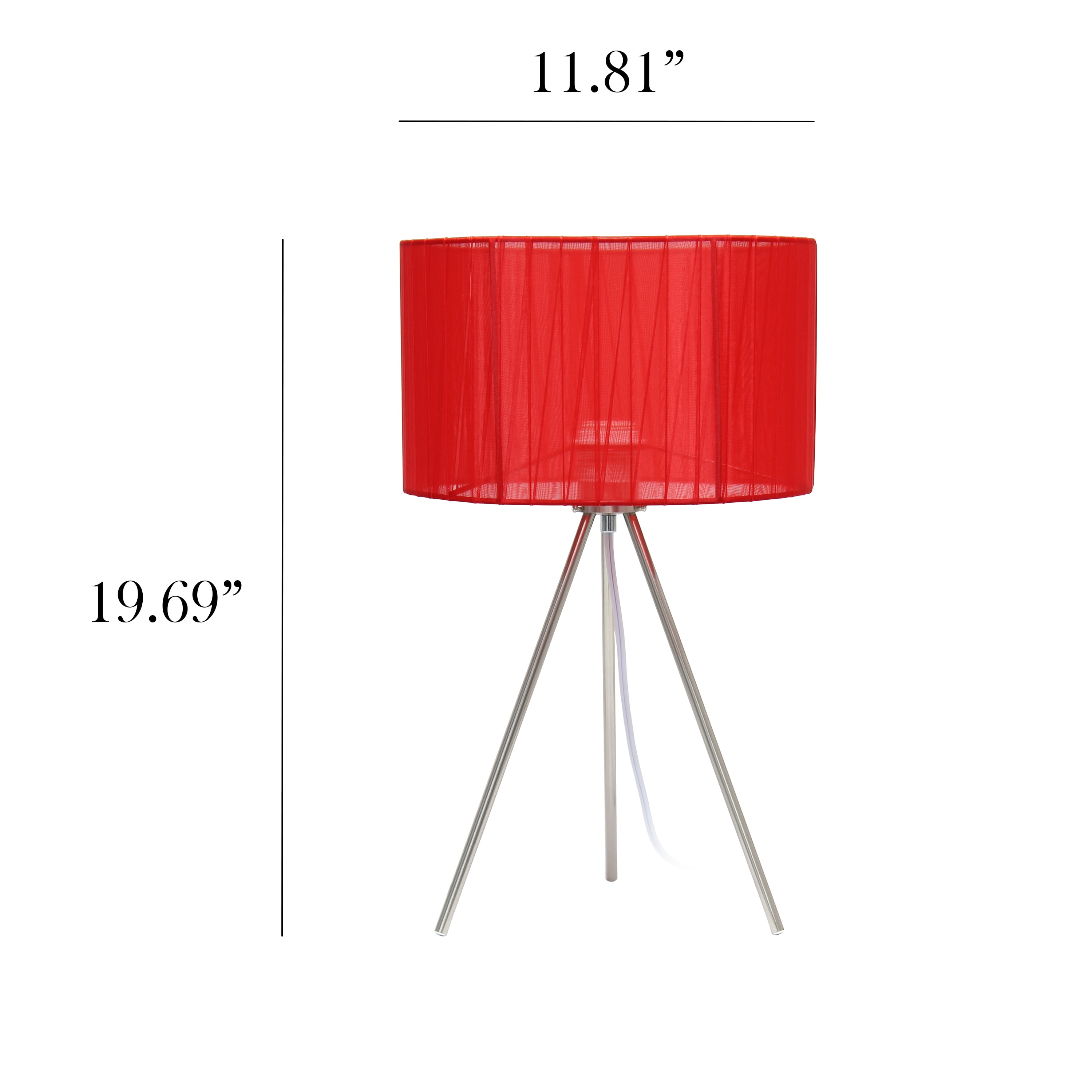 Simple Designs 19.69" Brushed Nickel Tripod Table Lamp and Pleated Silk Sheer Shade with LED Bulb, Red