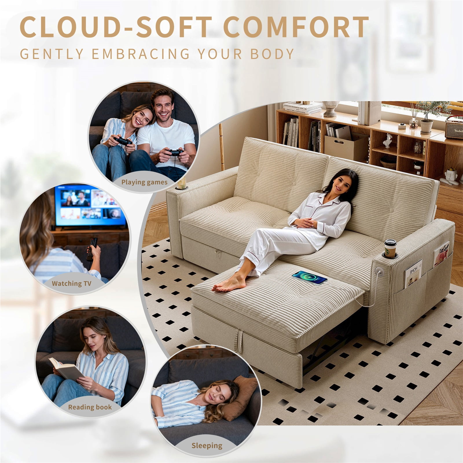 Hommoo 70" Convertible 2-in-1 Pull Out Couch Bed, Multi-Functional Corduroy Loveseat Sleeper Sofa Bed, White