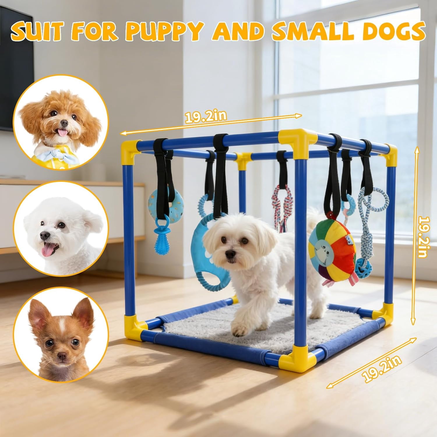 Puppy Play Gym with Hanging Toys, PVC Frame Activity Center for Small Dogs, Kittens and Pets with 8 Enrichment Toys