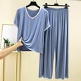 thumbnail image 4 of Nooxsoe Floral Embroidered Linen Pajama Sets for Women Crew Neck Short Sleeve Tops Elastic Waist Wide Leg Ankle Pants Gauze Loose Beach Travel Daily Matching Lounge Outfits Blue 2XL, 4 of 4