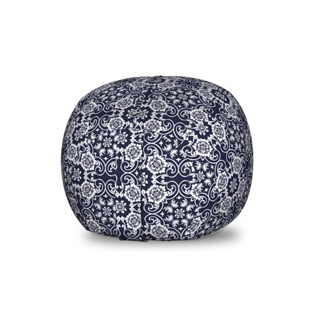 Navy Blue Storage Toy Bag Chair  Japanese Inspired Curves Lace Arrangement Antique Floral Composition  Stuffed Animal Organizer Washable Bag  Small Size  Navy Blue White  by Ambesonne