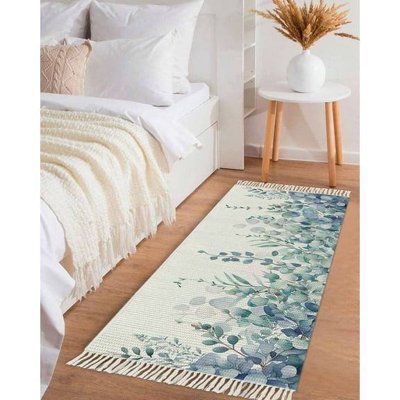 Teal Blue Eucalyptus Leaves Hallway Runner Rug 2x5ft,Spring Floral Summer Botanical Washable Woven Living Room Bedroom Kitchen Bathroom Carpet with Tassels,Indoor Outdoor Throw Door Mat for Entryway