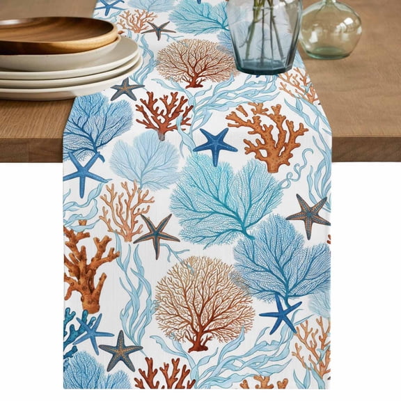 Watercolor Coastal Table Runner 48 Inches, Ocean Seaweed Coral Starfish Summer Bed Runner Dresser Scarves Tabletop for Indoor Outdoor Parties/Ceremony/Banquet, 13" x 48"