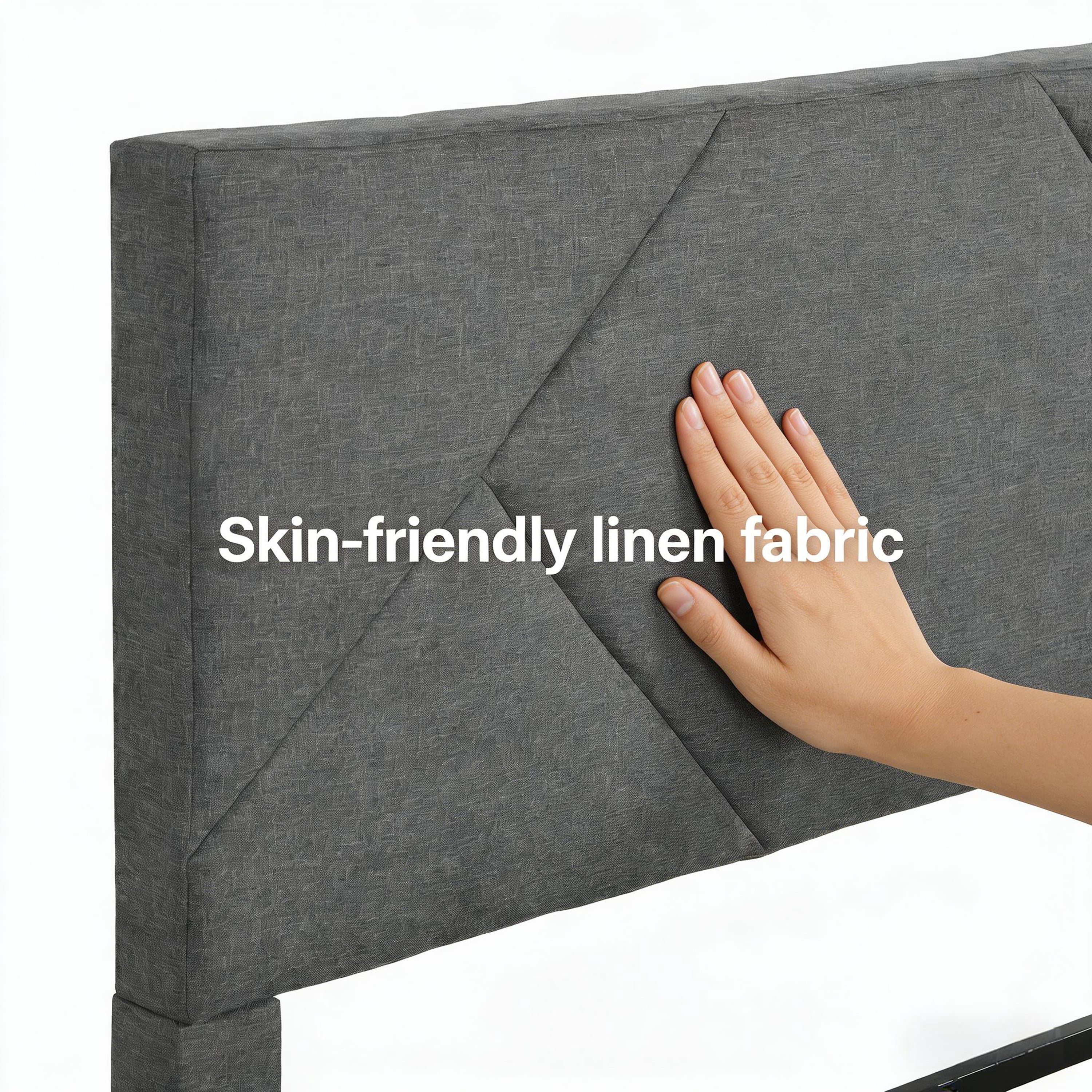 ASINMAK Queen Size Gray Upholstered Platform Bed Frame, Fabric Headboard, Wooden Slats, No Box Spring Needed