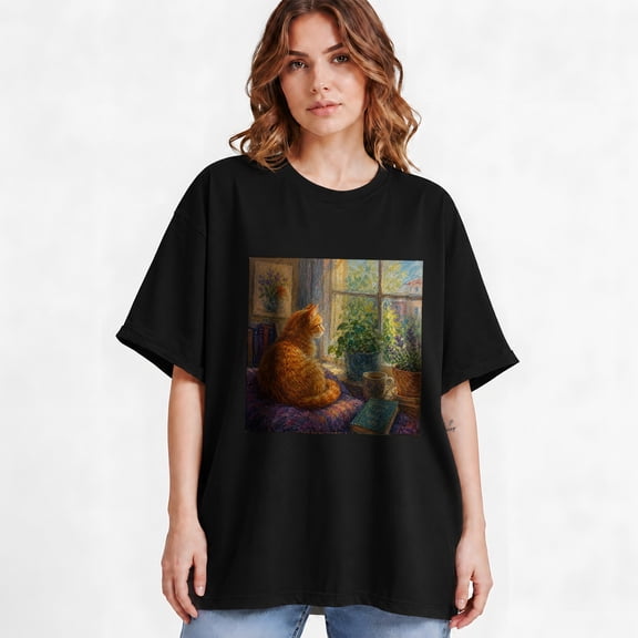Orange Cat Window Graphic T-Shirt, Cozy Nature Unisex Tee