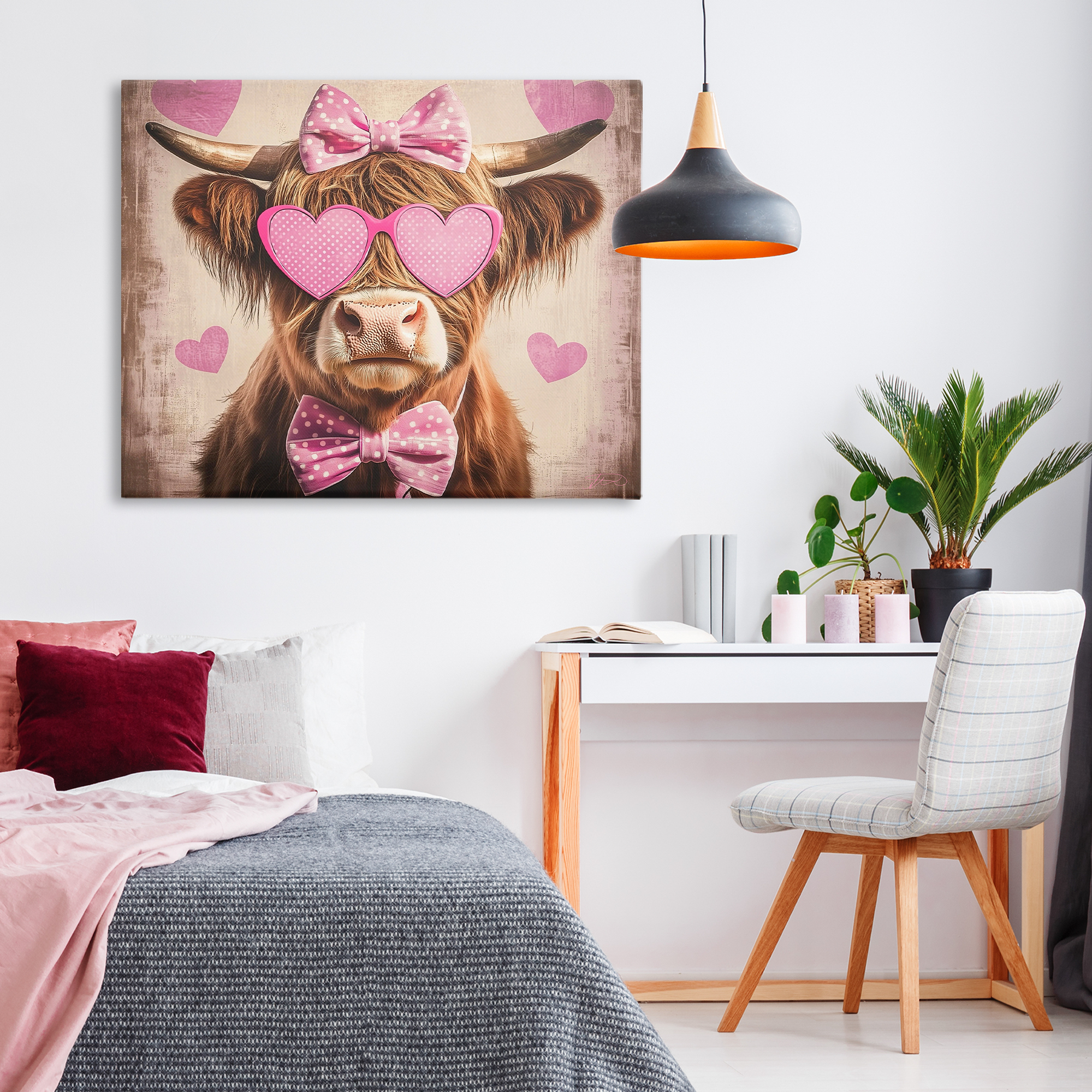 Cute Cattle Pink Hearts Canvas Wall Art, design by Shawna Stewart