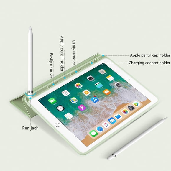 KenKe iPad 9,7 Pouces 2018/2017 Coque avec Porte-Crayons - Coque Arrière Souple en TPU Léger et Support à Trois Volets avec Auto