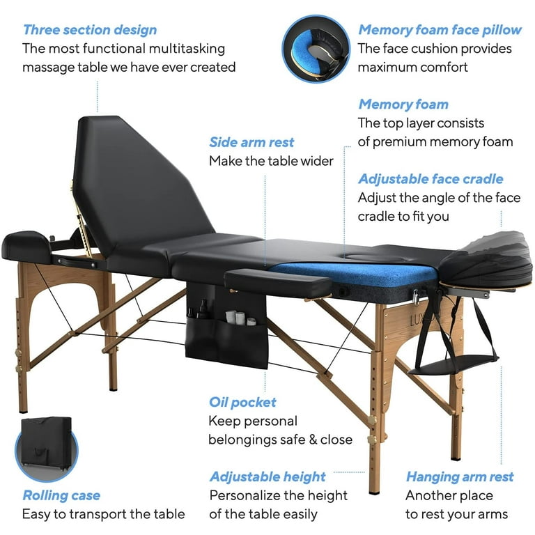 Luxton Home 3-Section Premium Memory Foam Massage Table with Rolling  Carrying Travel Case - Easy Set Up - Foldable & Portable - Adjustable  Height, Head Cradle, Hanging Arm Rest, & Side Storage