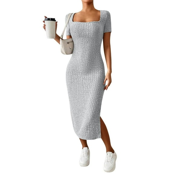 bbyeadc Summer Bodycon Dresses for Women Square Neck Short Sleeve Casual Sundresses Knit Side Slit Ribbed Midi Dress (Light Gray, L)