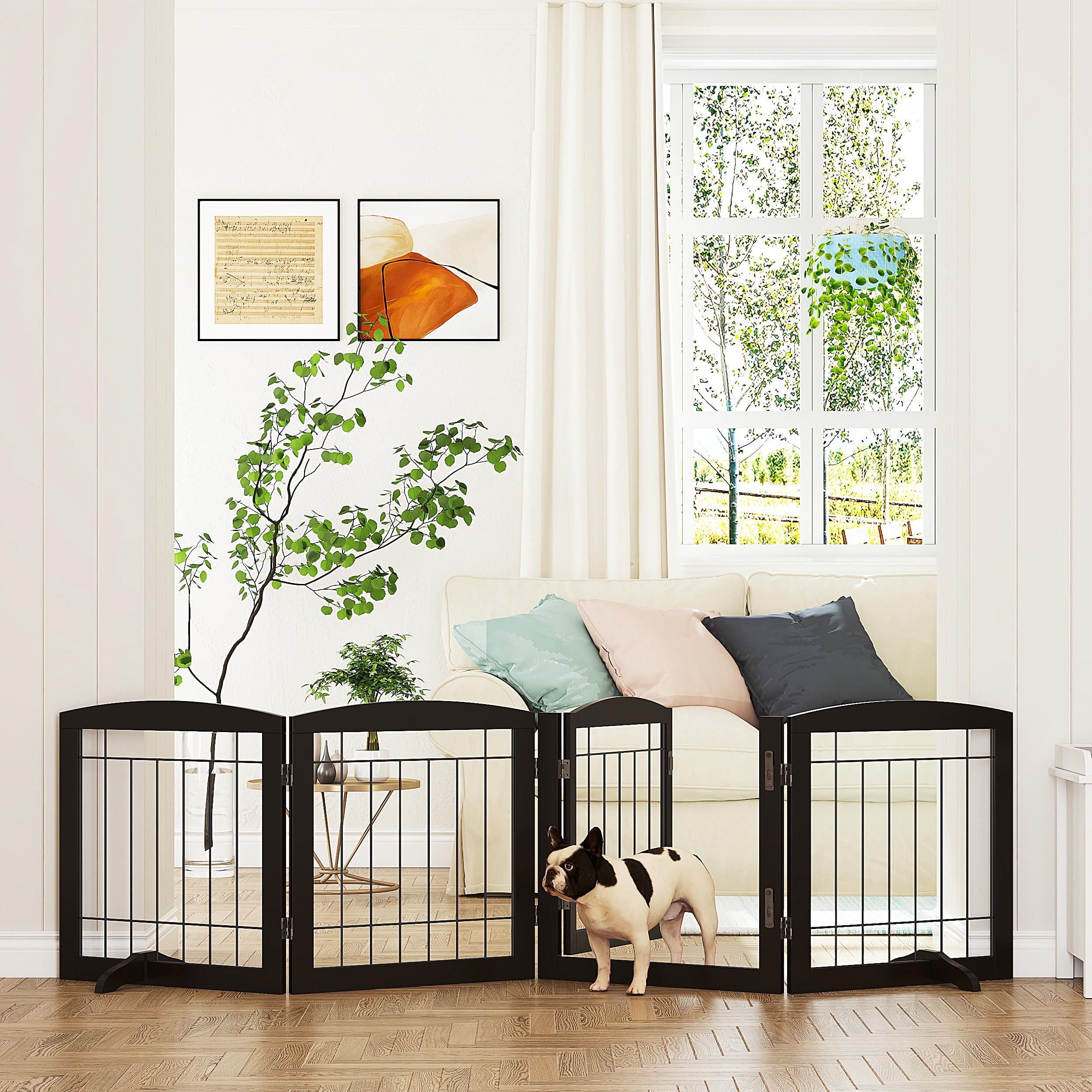 STAROUS Esspresso Freestanding Dog Gate with Walk-Through Door: Secure Indoor Barrier - 80" Wide, 24" Height, 4 Panels