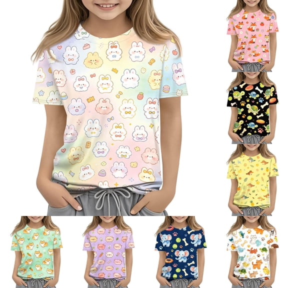 Cute Tops for Kids Girls Size 3-4 Summer Short Sleeve Funny Animal Graphic Tee Tops Casual Kids Shirts Tween Girls Trendy Clothes Crew Neck T-Shirts Multicolor