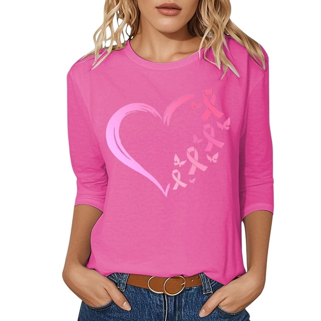 T-shirt Graphique de Sensibilisation au Cancer pour Femmes, Col Rond, Manches Trois Quarts, Décontracté, Confortable, Tenue Quotidienne, Haut de Festivals