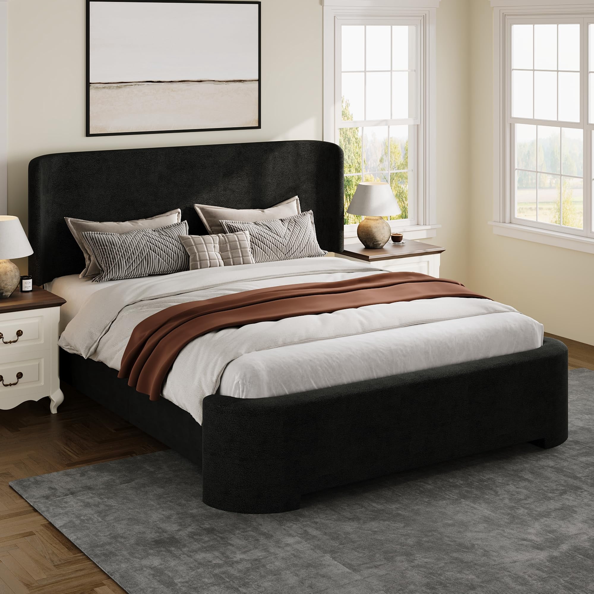 4 Ever Winner Full Size Velvet Bed Frame, Curved Upholstered Platform Bed with Curved Headboard & Footboard, No Box Spring Needed, Noise-Free Modern Bed Frame for Bedroom, Black