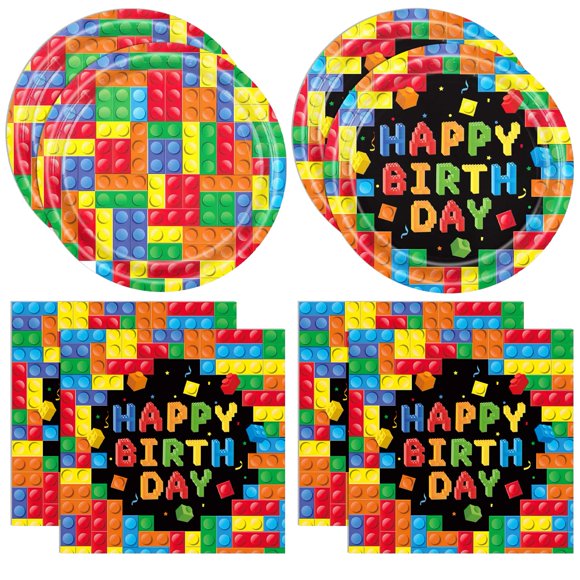 Set de platos para fiesta DURYGEN de 40 piezas con diseño de bloques de construcción