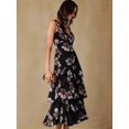 thumbnail image 4 of Black Floral Print V-Neck Sleeveless Ruffle Hem Maxi Dress, Lightweight Chiffon, Slimming Waist, Elegant Romantic Style, 4 of 7
