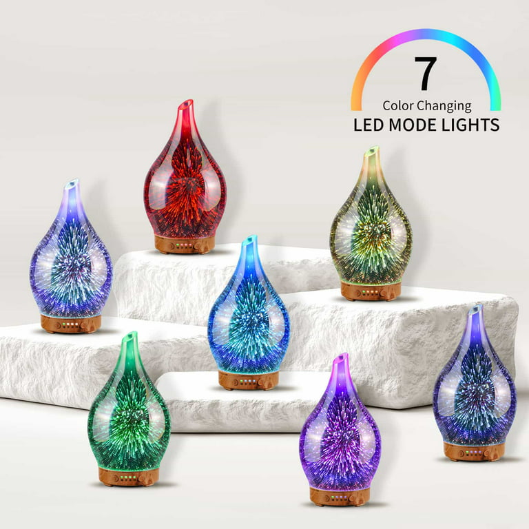 MAXWINER Essential Oil Diffuser Ultrasonic 3D Glass Aromatherapy Diffuser,  Auto Shut-Off, Timer Setting, 7 Colors LED Lights Changing for Home,  Office, Spa 120ml 3d Firework