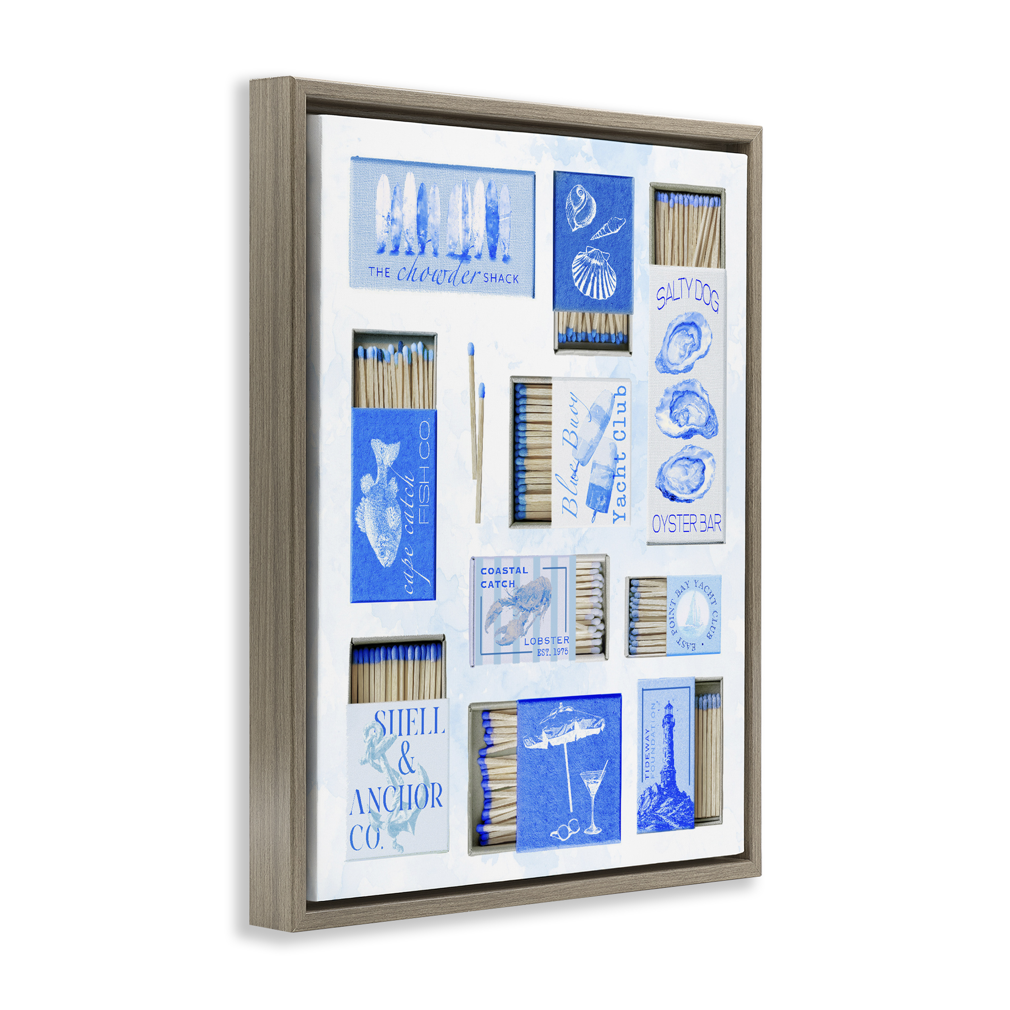 Blue Coastal Matchboxes Brown Framed Floater Canvas Wall Art, design by Ziwei Li