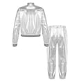 thumbnail image 2 of Alvivi Kids Boy Girl Jazz Hip Hop Dance Costume Shiny Metallic Long Sleeves Bomber Jacket and Pants Set Silver 10, 2 of 7