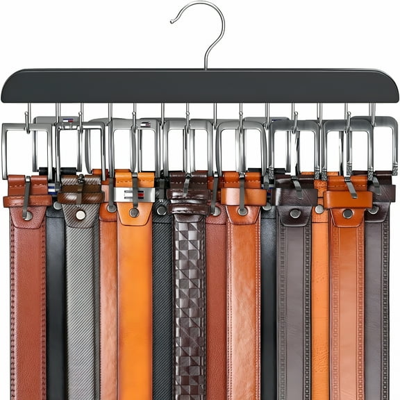LAMIRO Belt Hanger for Closet Max 42 Belts,Sturdy Wood Belt Rack Closet Accessories with 14 Hooks Belt Organizer for Closet Organizers and Storage - Black 1 Pack