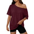 thumbnail image 2 of VJGBEGW Women Off The Shoulder Tops Oversized Short Sleeve Shirts Summer Casual Fashion Tees Wine XL, 2 of 9