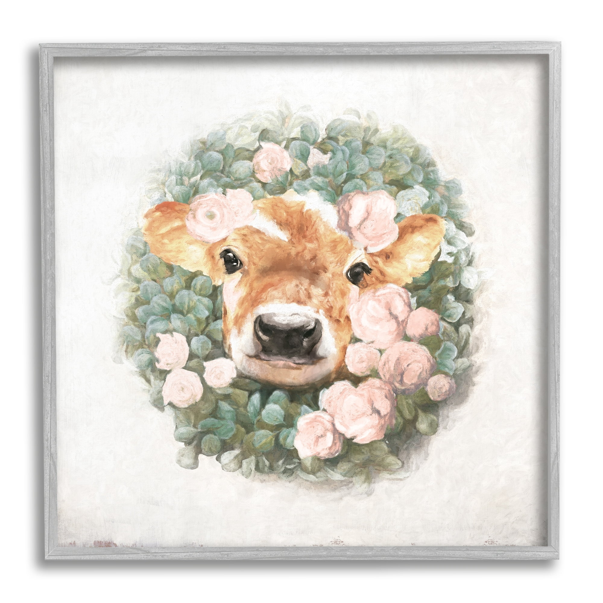 Stupell Industries Adorable Baby Calf Cow Pink Blossom Wreath Painting Gray Framed Art Print Wall Art, Design by White Ladder