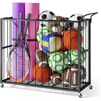 Ball Storage Bin Rolling Sports Ball Cart, Metal Garage Organizer Sport Rack, Ball Basket Storage, Ball Cage for Garage or Gym, Indoor & Outdoor Sports Equipment Organizer