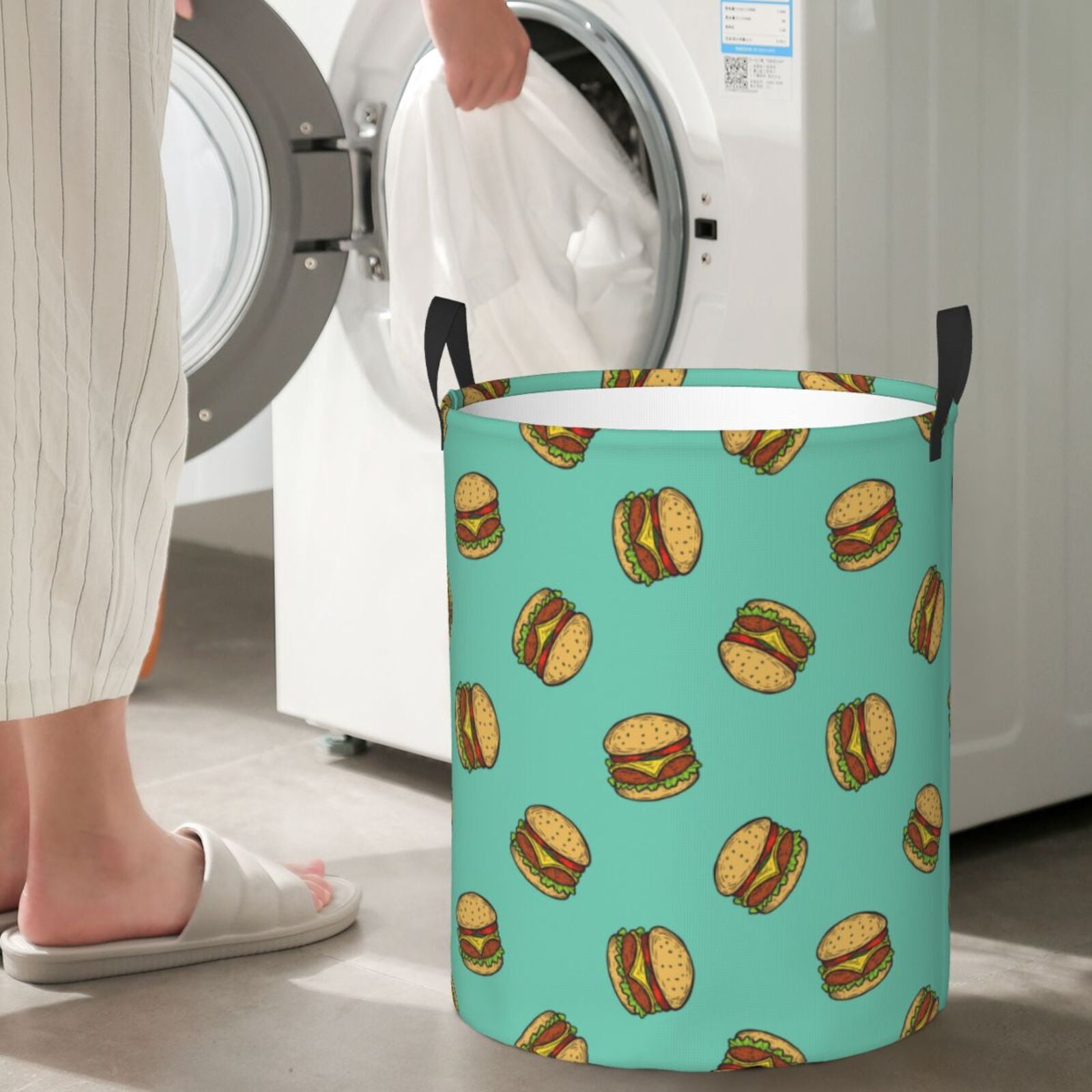 Large Laundry Basket with Handles - Cute Hamburger Teal Blue Kids Baby Dirty Clothes Laundry Hamper for Bedroom Aesthetic