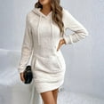 thumbnail image 3 of Women's Hoodie Dress Sweatshirt Dress Long Sleeve Pullover Hooded Plush Fleece with Drawstring Pocket for Winter Loungewear,White,M, 3 of 7