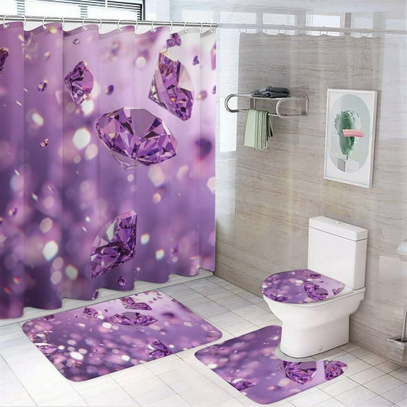Purple Crystal Fall 4 Pcs Bathroom Shower Curtain Set, Bathroom Sets with Rugs (Bath Mat, U Shape and Toilet Lid Cover Mat) and 12 Hooks,