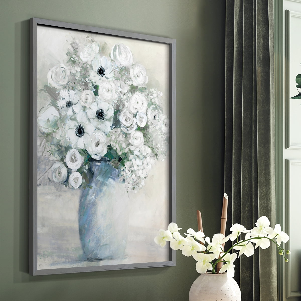 White Anemone Bouquet Framed Print in Gray Solid Wood 22 x 28 Framed Print