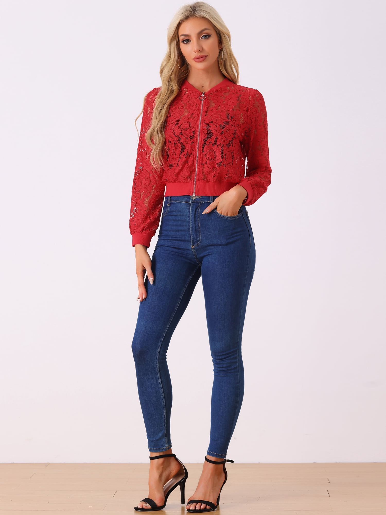 DARING DIVA Women's Lace Jackets Stand Collar Zip Up Gothic Sheer Baseball Jacket M Red
