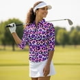 thumbnail image 5 of HUIACONG Women's Golf Polo Shirts for Sports Golf Outdoor Activities, Polyester Spandex Fabric Quick Dry Fashionable 3/4 Sleeve Ladies , Purple Leopard Stripe, 5 of 10