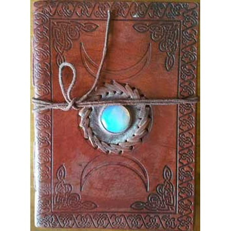 Embossed Journal (Triple Moon Shining Blue Center Stone Embossed Leather Writing Creative Journal Diary Dream Notebook Cord Wrap Closure 200 Unlined Pages Handmade Paper 5