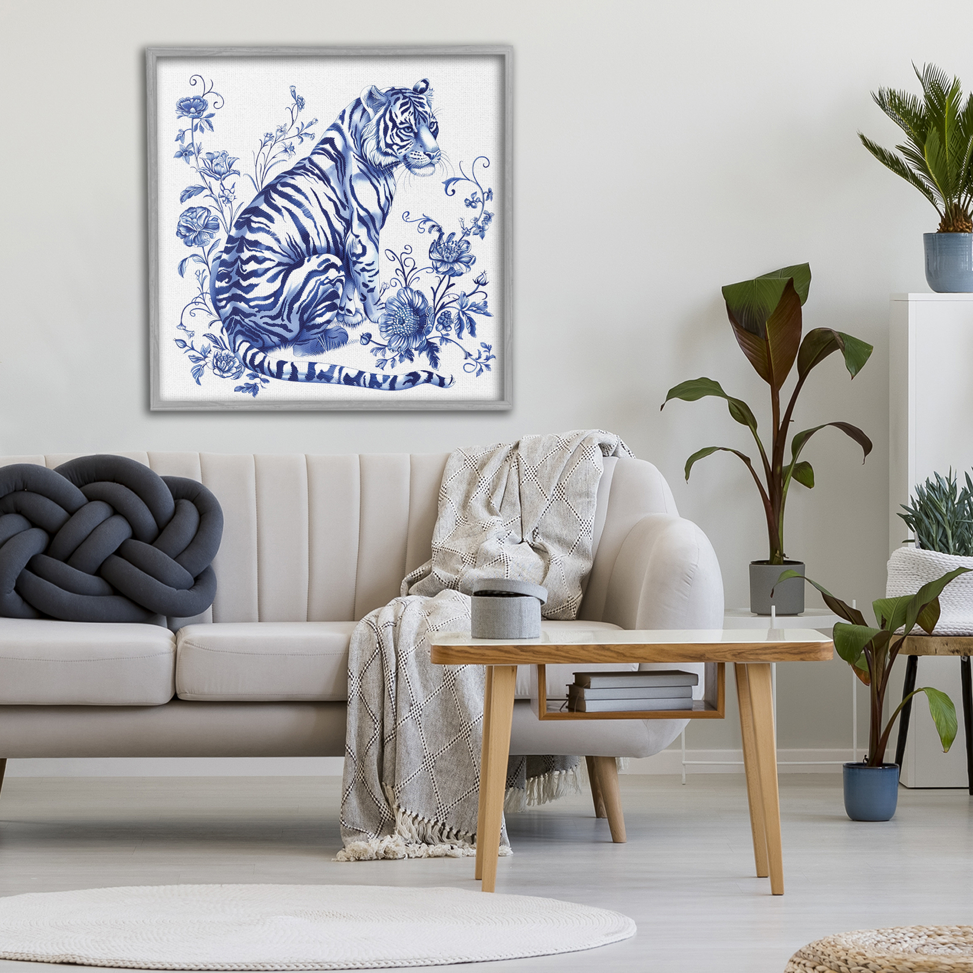 Traditional Ornate Floral Tiger Gray Framed Giclee Art, design by Lettered and Lined