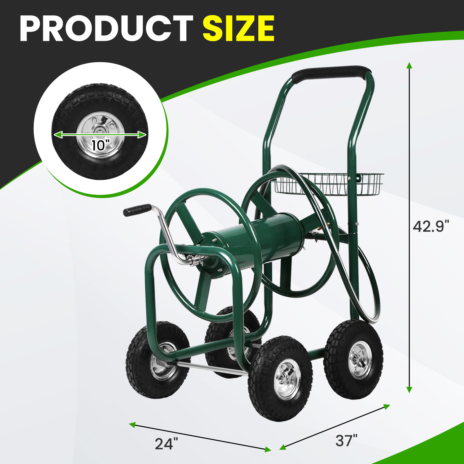 BIQWBIC 300ft Heavy Duty Hose Reel Cart - Steel Garden Water Hose Storage Cart with 8" Wheels, Foam Grip Handle, Outdoor Yard Hose Reel for Lawn & Garden (Green)