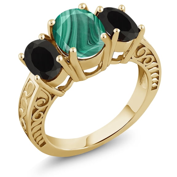Gem Stone King 3.90 Ct Oval Green Malachite Black Onyx 18K Yellow Gold Plated Silver Ring (Size 8)