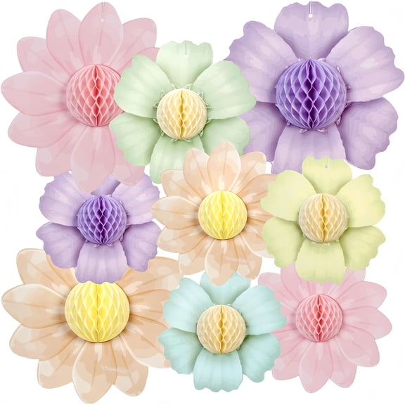 9Pcs Pastel Flower Honeycomb Decorations, Hanging Paper Flowers for Bridal Shower, Spring Tea Party, Birthday & Wall Decor