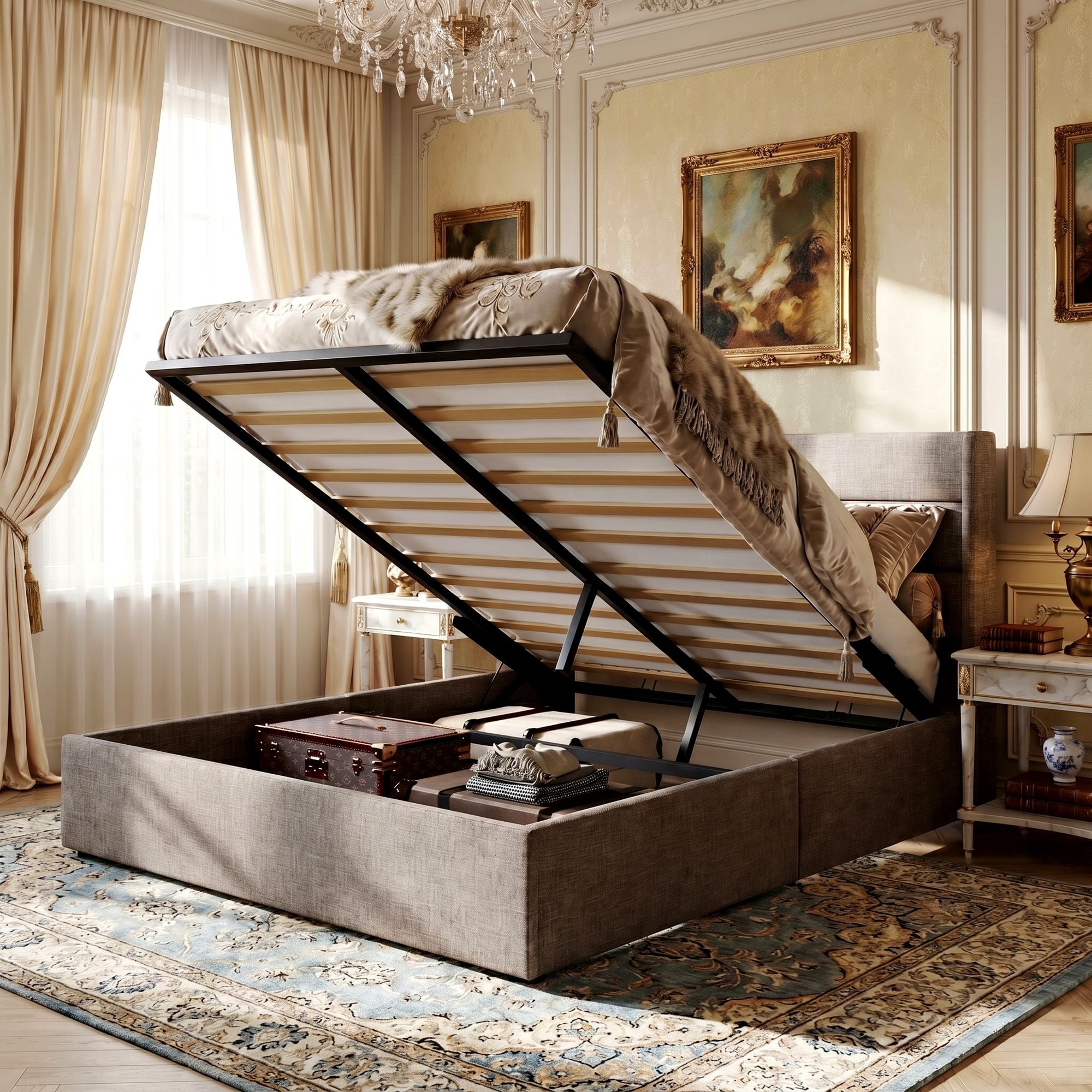 Amolife Queen Size Lift Up Storage Bed Frame With Upholstered Wingback Headboard, Hydraulic Support, No Box Spring Needed, Beige