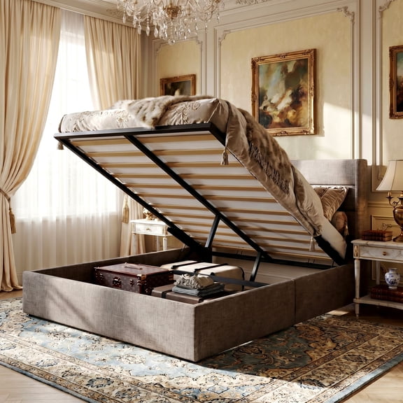 Amolife Queen Size Lift Up Storage Bed Frame With Upholstered Wingback Headboard, Hydraulic Support, No Box Spring Needed, Beige