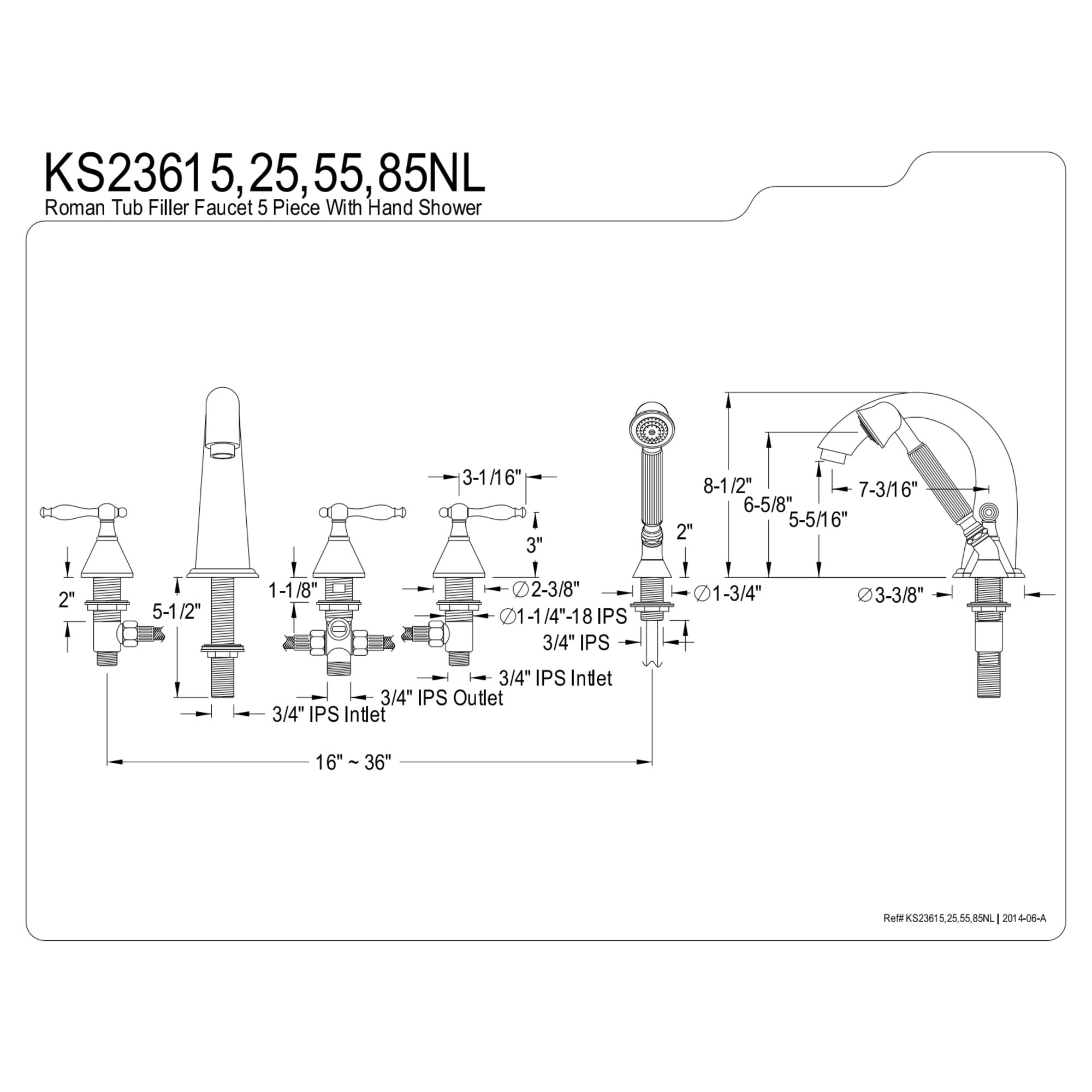 Kingston Brass KS23685NL Naples 5-Piece Roman Tub Faucet with Hand Shower, Brushed Nickel