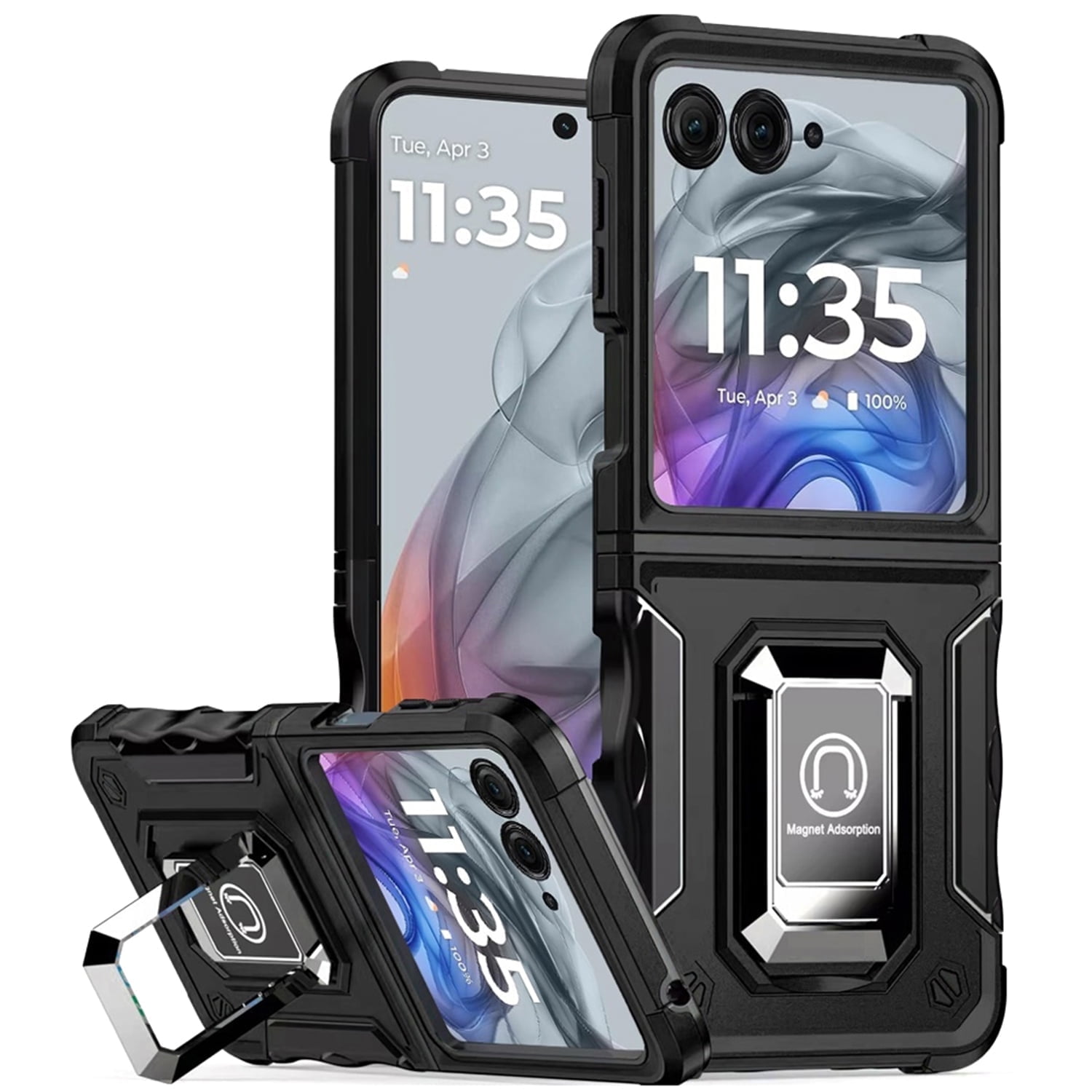 TJS Phone Case for Motorola Razr 2026/Razr 2025/Razr 2024, [Military Grade] Heavy Duty Magnetic Support Ring Kickstand Cover for Moto Razr 2024/2025 (Black)