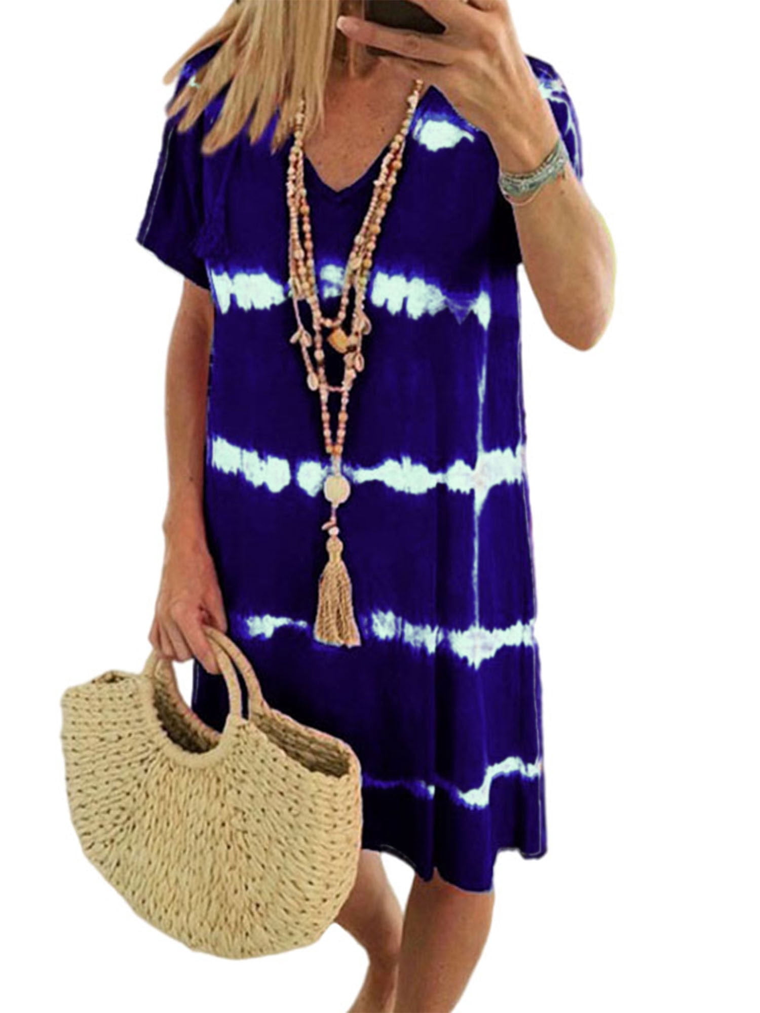 LUXUR Robe d'Été Femme Manches Courtes Tunique Col en V Robe Midi Bohème Teinture sur Nœuds Bleu Profond TTG